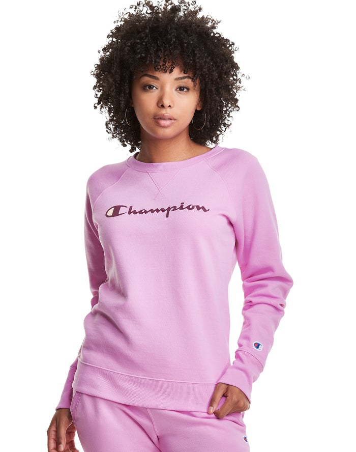 Champion Sweatshirt Dames - Roze - Powerblend Fleece Classic Crew Script Logo ( 280546-TAQ )